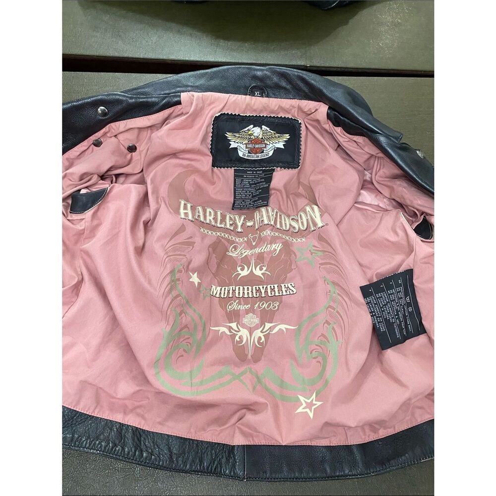 Harley-Davidson Legendary Black Leather  Moto Jacket Pink Lining Size XL